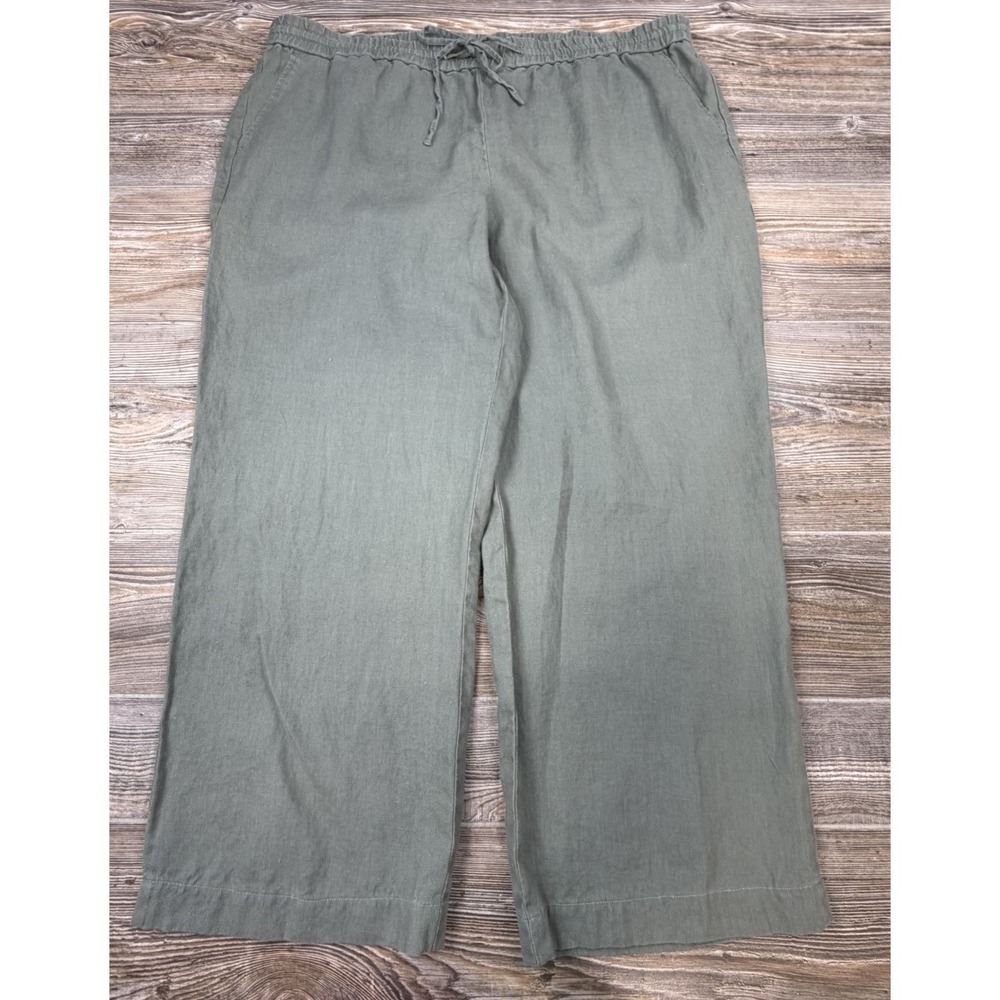 Talbots‎ Women's Crop Linen Pants Plus Size 18W Pull-On Green Elastic Waist